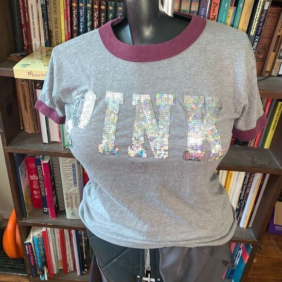 Victoria’s Secret sequin logo gray & maroon XS baseball tee - Picture 1 of 3